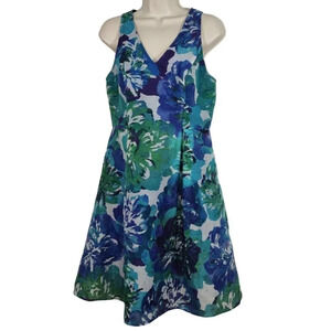 Adrianna Papell Blue Green Floral Fit and Flare Dress Women Size 6 Sleeveless